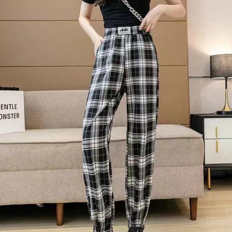 Thin Black and White Plaid Harem Pants Female Summer Korean Version Loose and Thin Student Harem Nine Points Casual Pants