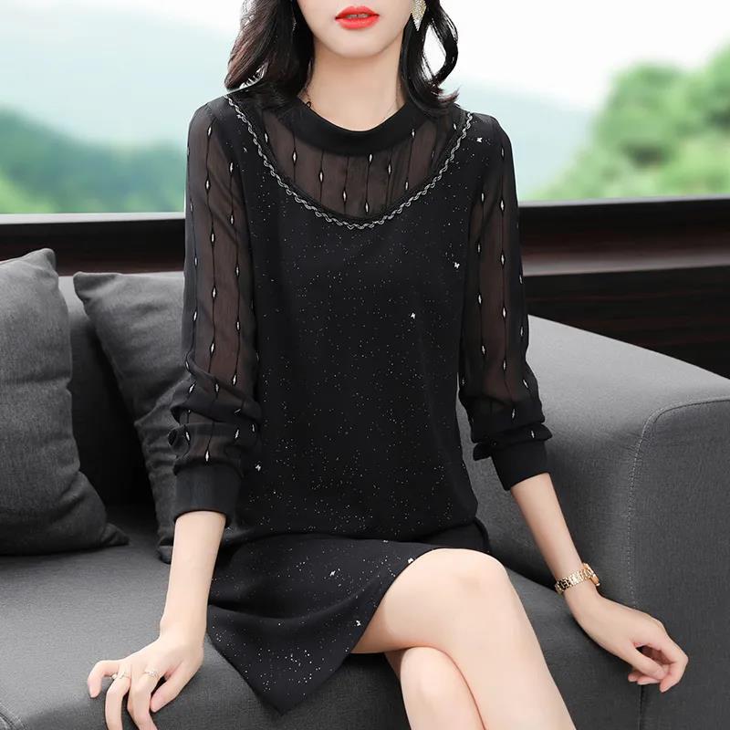 Women Black Blue Dress Solid Color Sequins Tulle Long Sleeve O-neck Spring and Autumn Large Size Loose Knee-length Size L-XXXXXL