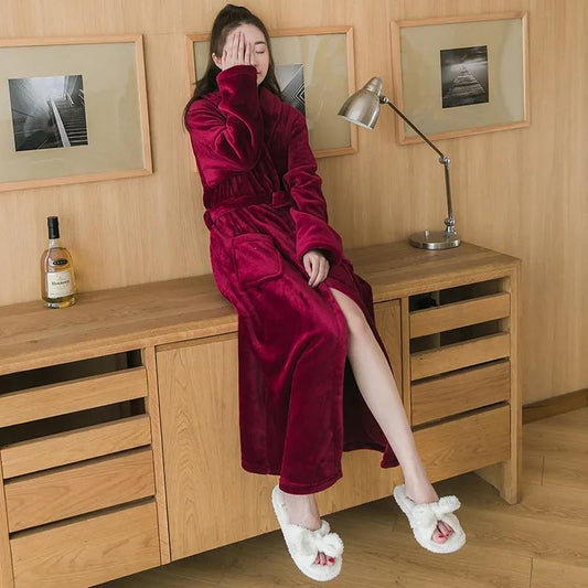 Thickened Flannel Nightgown Women's Plus Size Extended Length Coral Fleece Bathrobe Autumn Winter Long-sleeved Loose Homewear