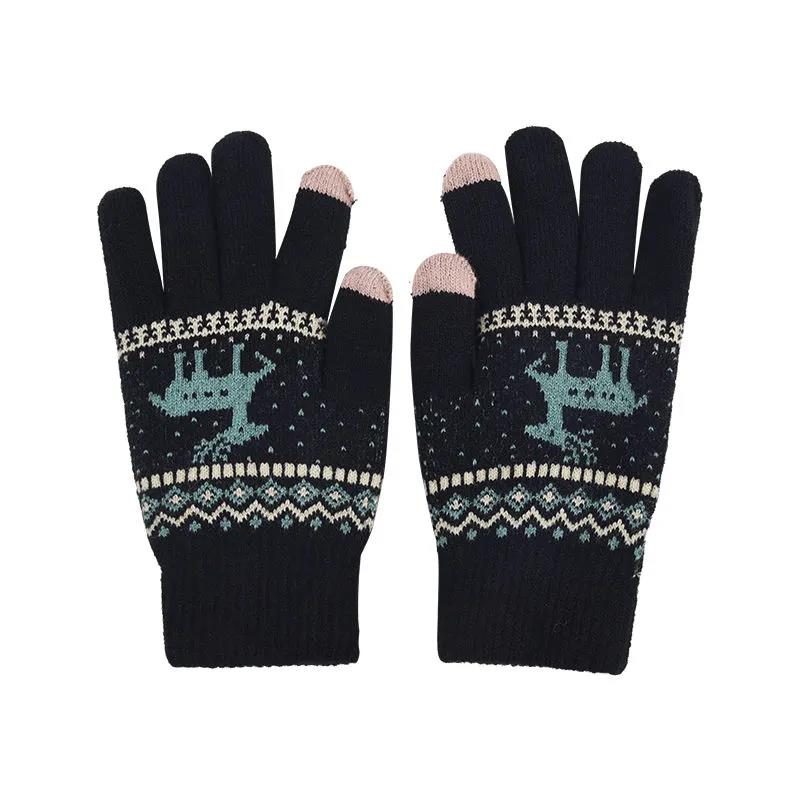 Women's Winter Gloves Touch Screen Mittens Korean Style Cute Deer Wool Knitted Five-finger Outdoor Riding Double Layer Plus Velvet Thickening Gloves