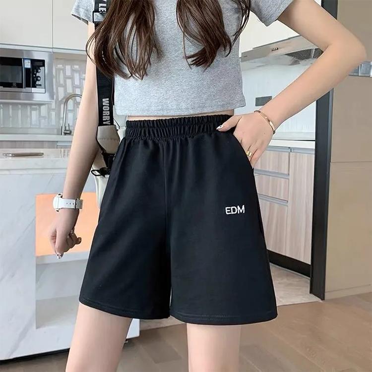 Women's Shorts Summer Letter Embroidered Sports Shorts Loose High Waist Outer Wear Straight Tube Thin Pants Wide Leg Grey Five-point Pants