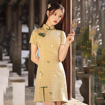 Improved Cheongsam Women's Summer Yellow and Green Plaid Daily Wear Young Girls Short Dresses