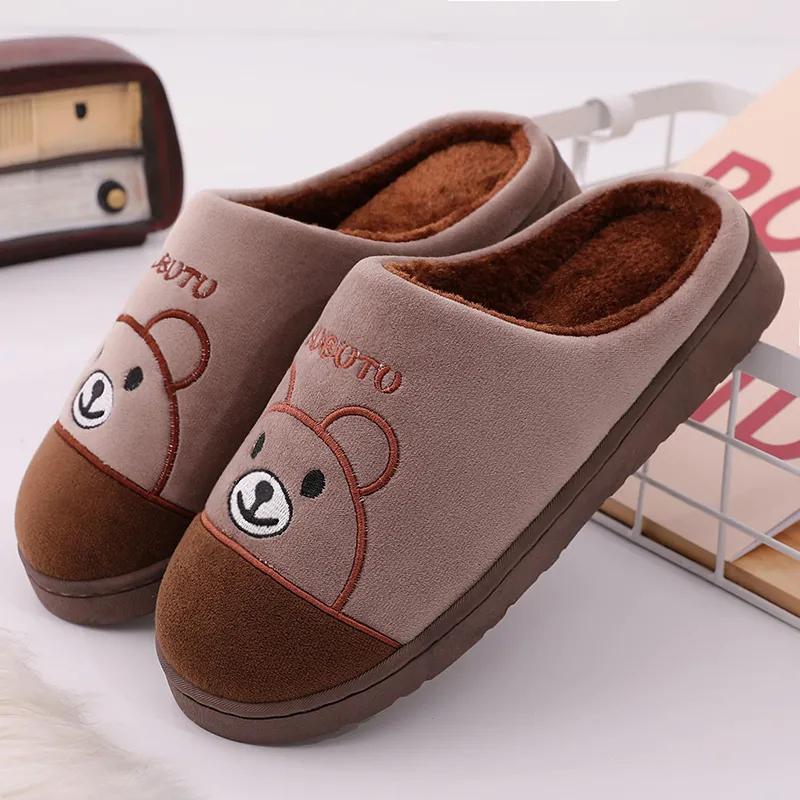 Women Warm Slippers Fall Winter Thick Fleece Cotton Slippers Cute Bear Embroidery Home Indoor Non Slip Men Slides Slippers