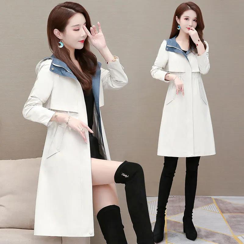 Women Boutique Slim Jacket Spring & Fall Hooded Coat Solid Color Casual Windbreaker Tight Waist Parka Long