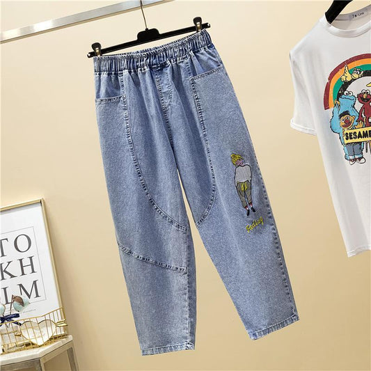 WTEMPO Little Girl Embroidery Women's Jeans Loose Straight Elastic Waist Denim Big Pocket Trousers