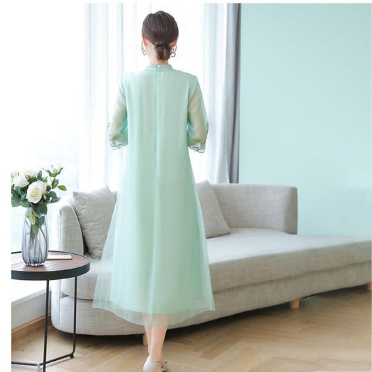 Chiffon  Cheongsam M-XXXXL Plus Size Chinese Style Summer Dress Knee-length Printed Over-the-knee Skirt