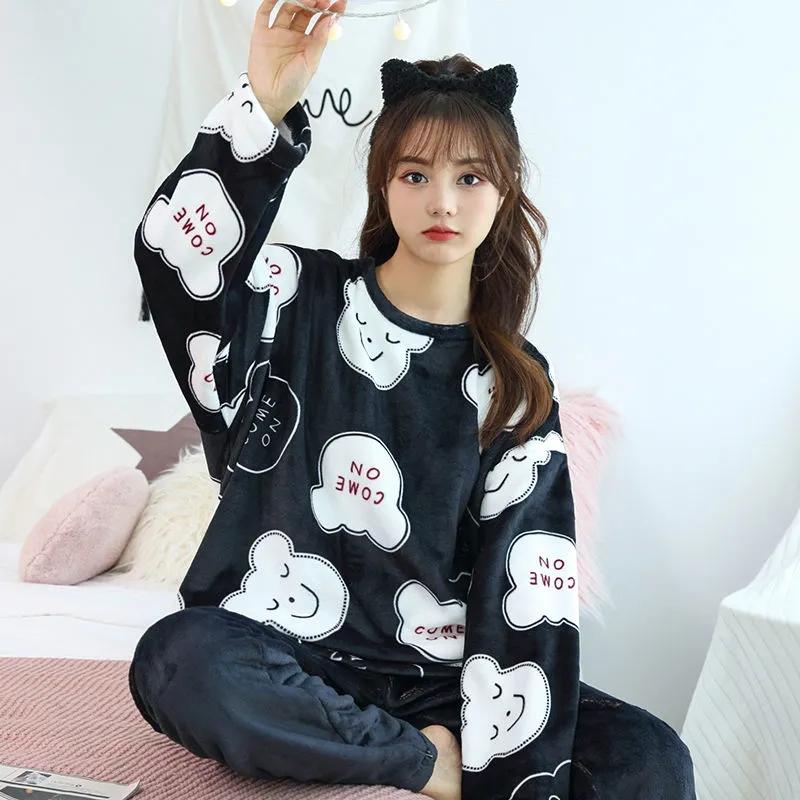 Winter Coral Fleece Pajamas Set Flannel Cute Cartoon Printing Home Wear Thickened Warm Ladies Autumn Winter Long-sleeved Sleeping Suit Trousers Set