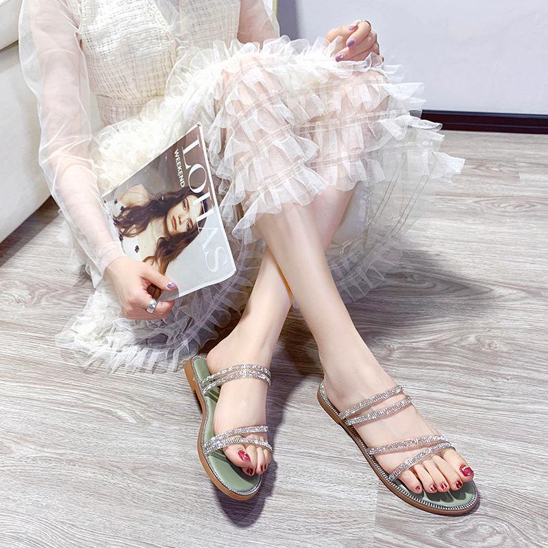 Plus Size 35-40 Summer Women Outdoor Rhinestones Flat Bohemian Beach Wear-resistant Non-slip Office Lady Sandals