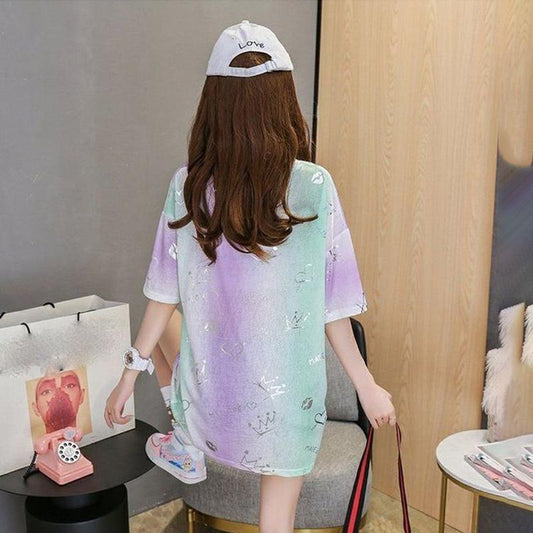 Short Sleeve Long Loose T-shirt Women Half Sleeve T-shirt Gradient Color Loose Casual Ladies T-shirt Casual Top Long T-shirt