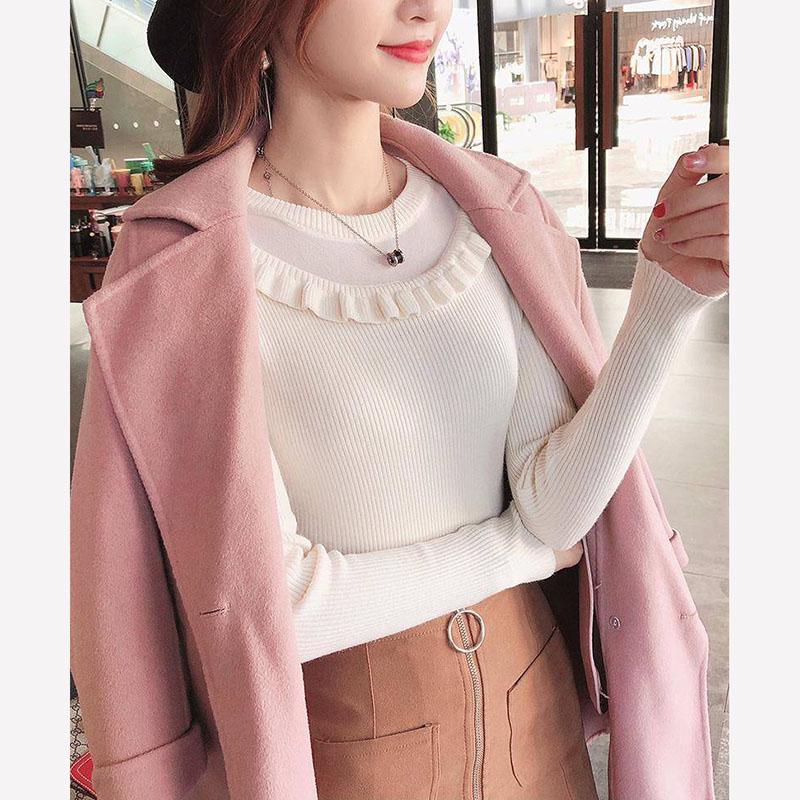 2019 Autumn Winter Women Ladies Long Sleeve RuffleNeck Slim Knitted Sweet Sweater Top Femme Jumper