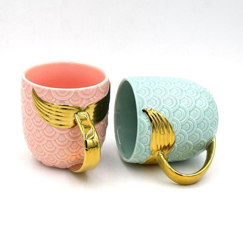 400ml Creative Ceramic Mermaid Tail Handle Cup Water Cup Continental Breakfast Cup Mug Novelty Couple CP Water Cup Goldfish Tail