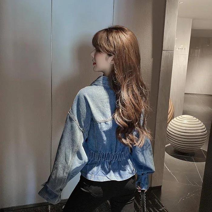 Denim Jacket Women's Spring and Autumn Loose All-match Waist Short Jacket with Diamonds