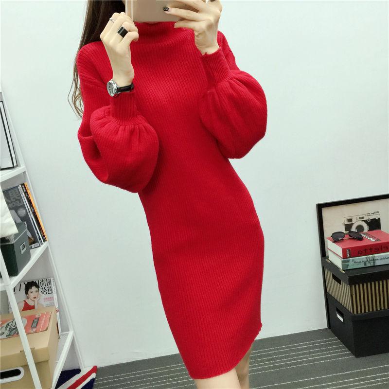 Autumn and Winter Half-high Collar Sweater Lantern Sleeve Casual Jacket Slim Knit Young Women's Top