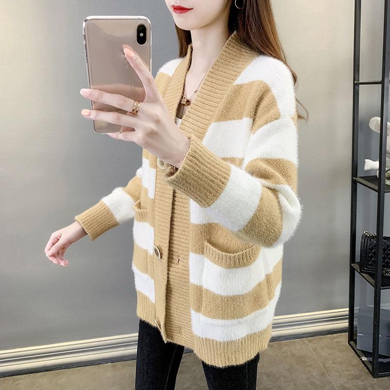 Autumn and Winter Mohair Jacket Loose-fitting Outer Wear Cardigan Jacket Striped Pattern Simple Female Jacket