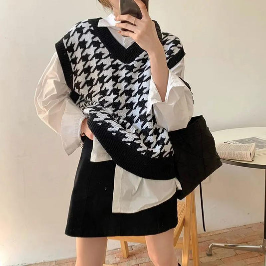 Women Houndstooth Loose Knitted Vest Sweater Girls V Neck Sleeveless Thick Vintage Sweater Suits Female Waistcoat Chic Tops