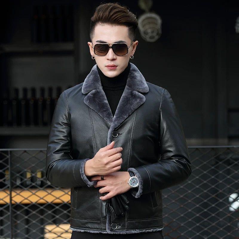 Leather Lapel Men's Leather Winter Motorcycle Jacket Top Layer Leather Short Fashion Slim Youth Leather Jacket