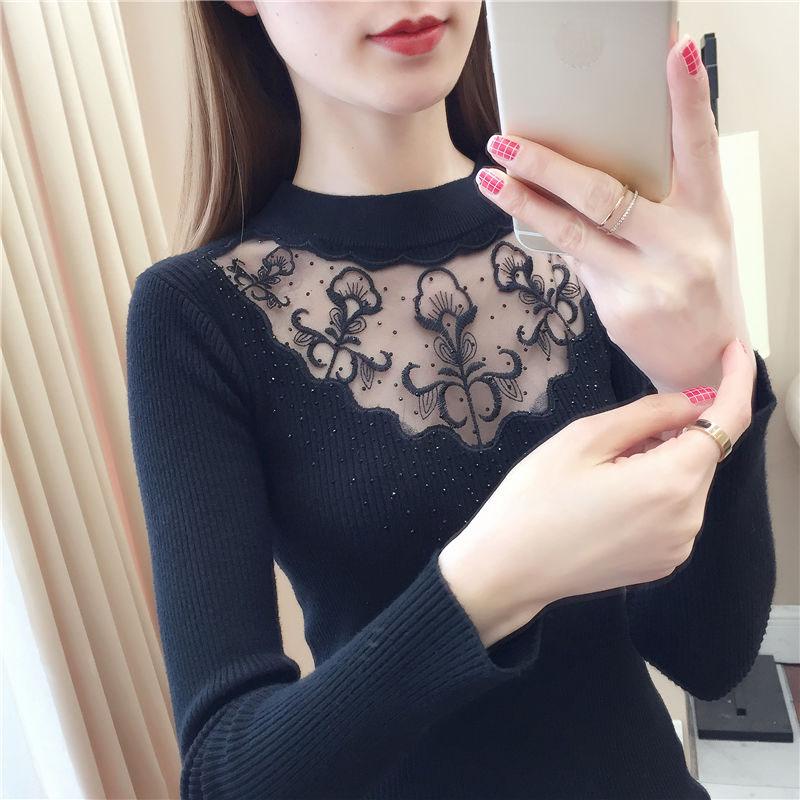 Autumn and Winter Korean Sexy Hollow Diamond-studded Sweater Women's Pullover Sweater Stretch Mesh Embroidery Lace Base Sweater