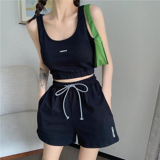 2PCS Summer Women's Sports Suit Vest T-shirt + Loose Drawstring Shorts Two-piece Set Fitness Running Jogging Suit Casual Workout Clothes Set