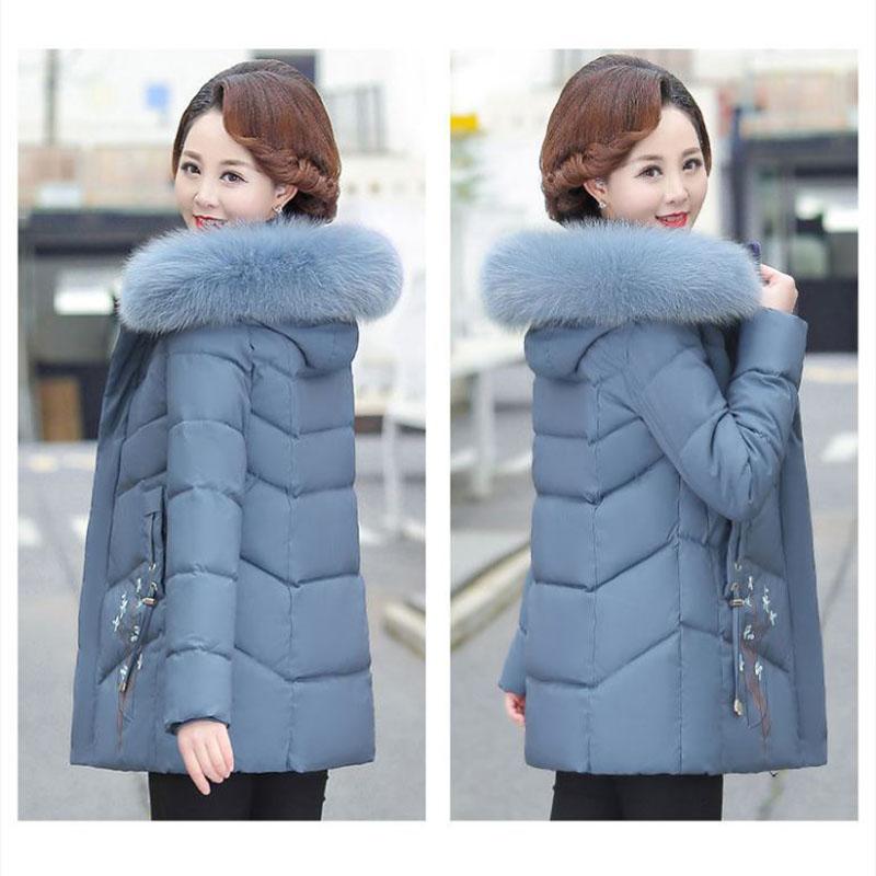 Winter Down Cotton Jacket Fashion Fur Collar Hooded Mid-length Jacket Thick Warm Cotton Jacket Suitable for Middle-aged Women