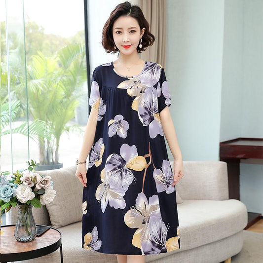 Cotton Silk Dress Women's Summer Wear Round Neck Short Sleeves Large Skirt Loose Dress Cotton Fabric Light Sweat-absorbent and Breathable