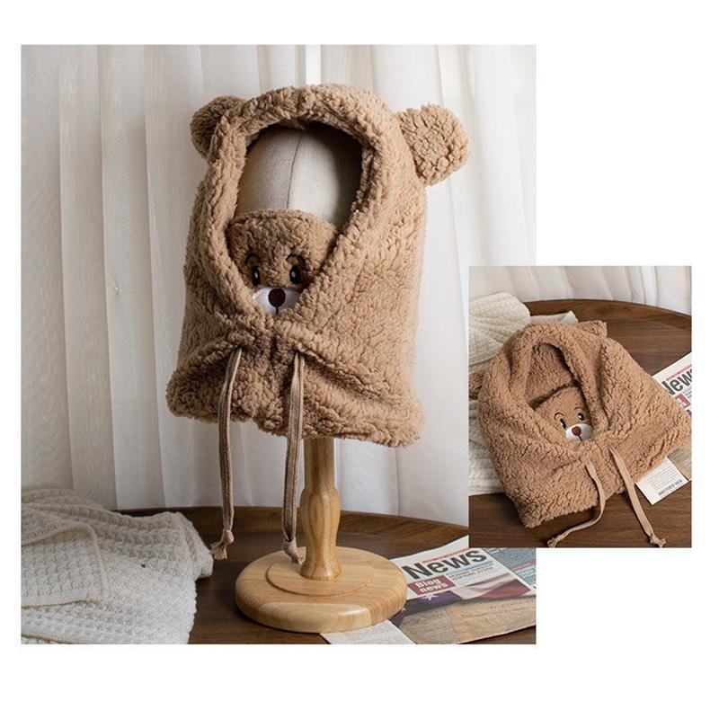 Women's Cute Bear Hat Winter Korean All-match Headgear Riding Scarf Warm Mask Bib Integrated One Piece Ear Face Protection Cartoon Caps Warm Hats