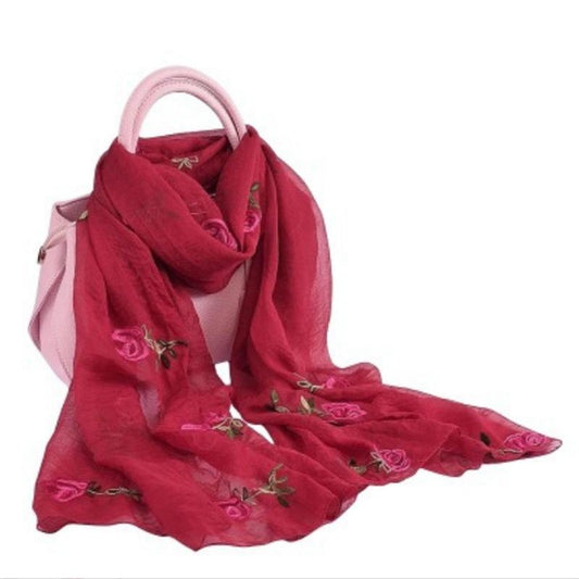 Female Spring and Autumn Simulation Silk Embroidery Scarf Long Rose Embroidery Scarf Shawl Gauze Scarf Solid Floral High Quality Wrap Shawl Neck Cover