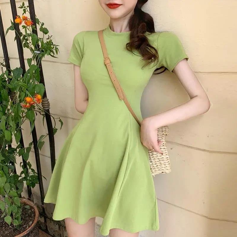 Women Summer Short Sleeve Solid Color Casual Dress Slim Round Collar High Waist T-shirt Figure Showing Dress