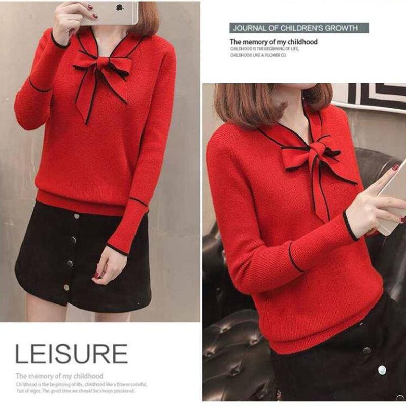 Pofulove Women Bow Decoration Casual  Sweet Sweater V-Neck Long Sleeve Knitted Pullover Sweater