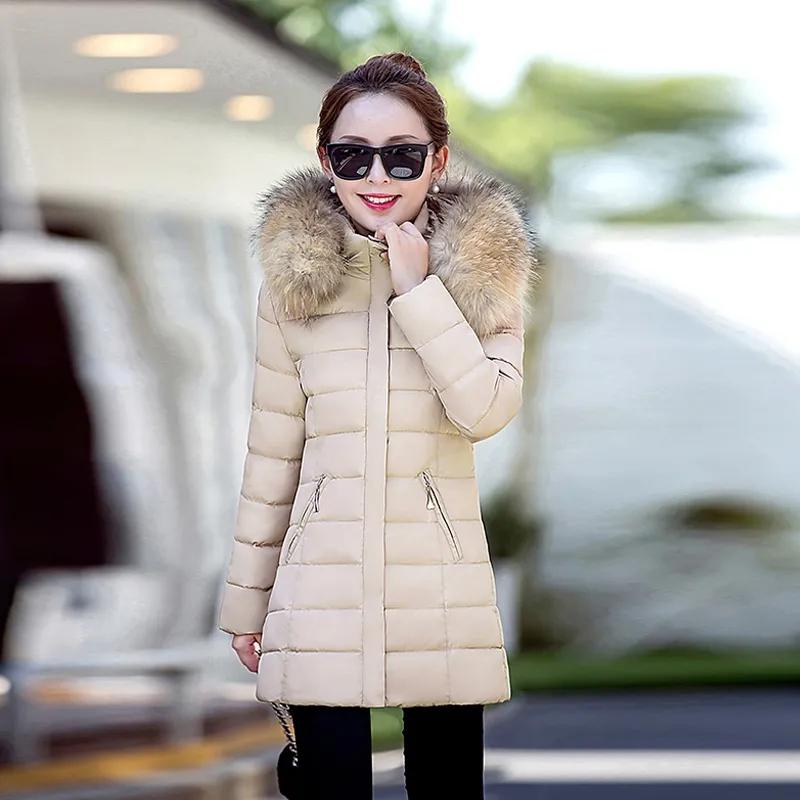 Slim Women Winter Jacket Cotton Padded Warm Thicken Ladies Coat Medium Long Down Coats Fur Collar Hooded Parka Mid-length Womens Jackets