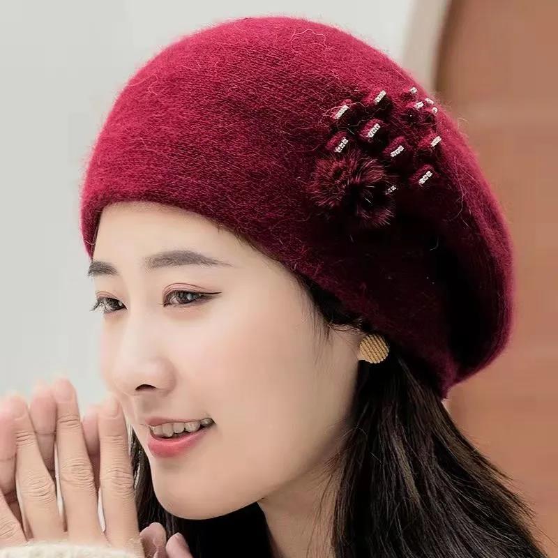 Beret Female Rabbit Fur Hat Autumn and Winter Outdoor Double-layer Thickened Wool Cap Ear Protection Warm Head Cap