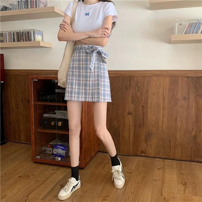 Bow School Girl Women High Waist Pleated Skirt  Plaid A-Line Flare Skater Short Skirt Uniforms Cosplay Sweet Girls