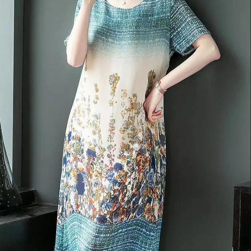 Skirt Short-sleeved Female Temperament Ladies Dress Slim Mid-length Dress Loose Mid-length Casual Straight Dress Light and Breathable