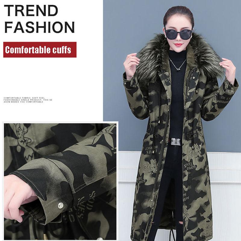 Female Camouflage Parka Coat  Winter Long Cotton-padded Jacket Flocking Hooded Cotton-padded Jacket Winter Print Overcoat