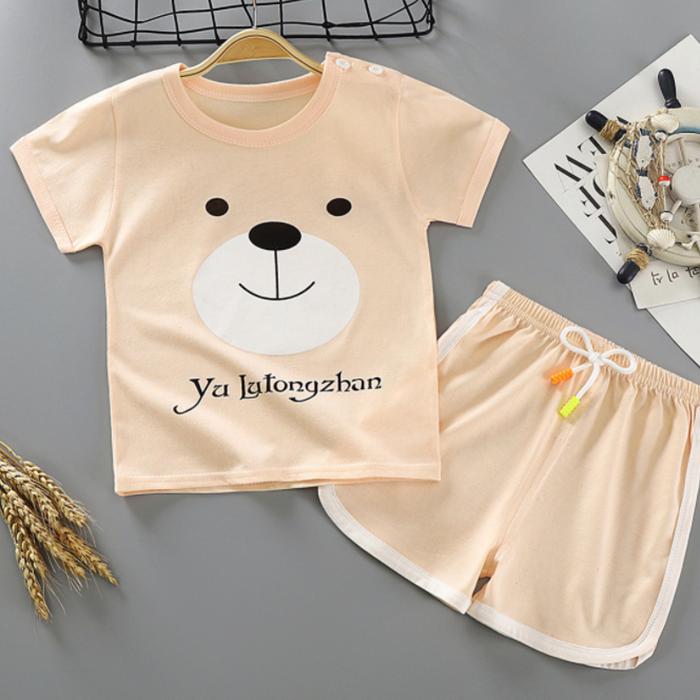 Children's Short Sleeve Suit Korean Style Printing Boys and Girls' T-shirt and Shorts Two Piece Set