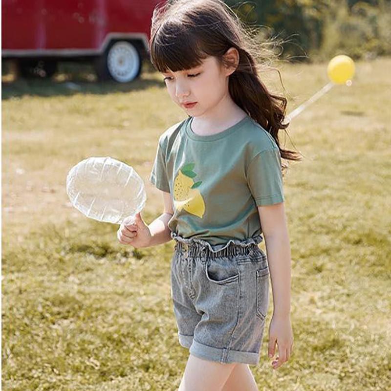 2PCS Children Clothing Set Spring Summer Girls Suits Printing Korean Hollow Out Short Sleeve Tops + Hole Pants Clothing Set