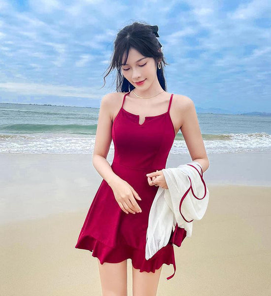 One-piece Swimsuit Women's Long-sleeved Sunscreen Cover Belly Slimming Seaside Holiday Skirt Swimwear Sweet and Cute