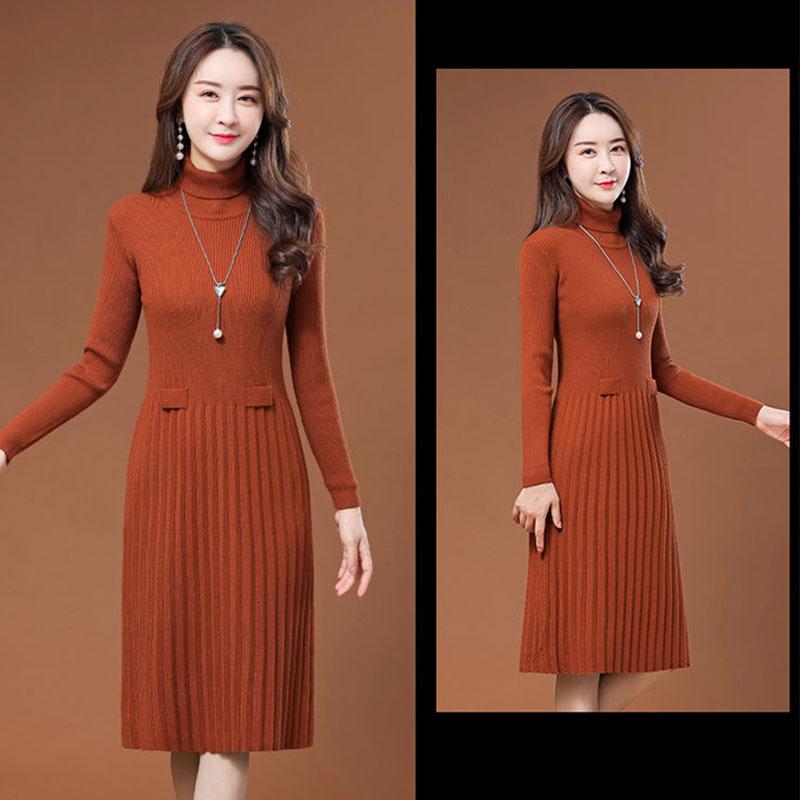 Autumn and Winter Pullover Turtleneck Sweater Skirt Mid-length Solid Color Casual Bottom Skirt Waist Knitted Women Sweater Dress