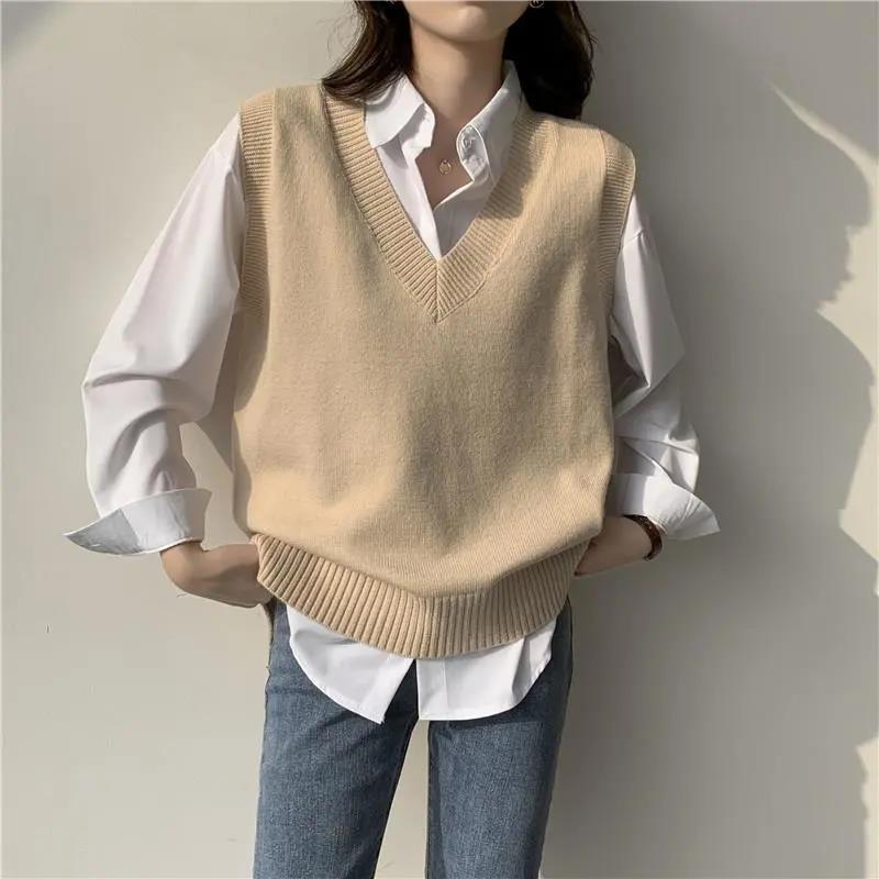 Women's Shirt Sweater Two Piece Set Sweater Vest Women V-neck Solid Simple Slim All-match Casual Style Chic Autumn Winter Sleeveless Sweaters