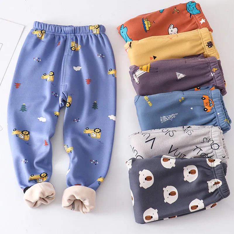 Children's Warm Long Trousers Plus Velvet Thickening for Boys and Girls In Autumn and Winter Milk Silk Warm Pants Baby Pajamas Home