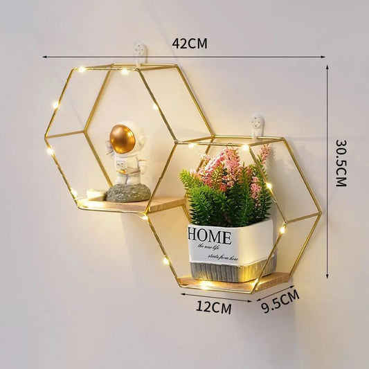 Hexagon Art Storage Shelf Metal Decorative Rack Wall Mount Display Platform with Light Strip