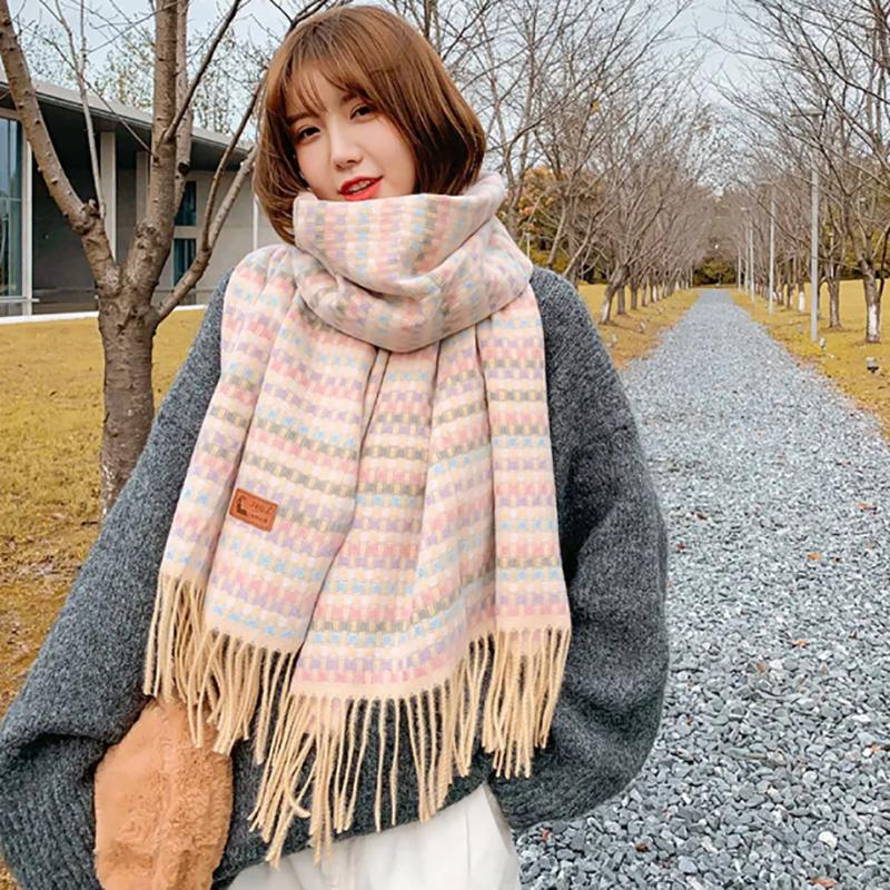 Korean Version of Plaid Scarf Women Winter Wild Shawl Thickened Scarf Cute Girl Heart Scarf