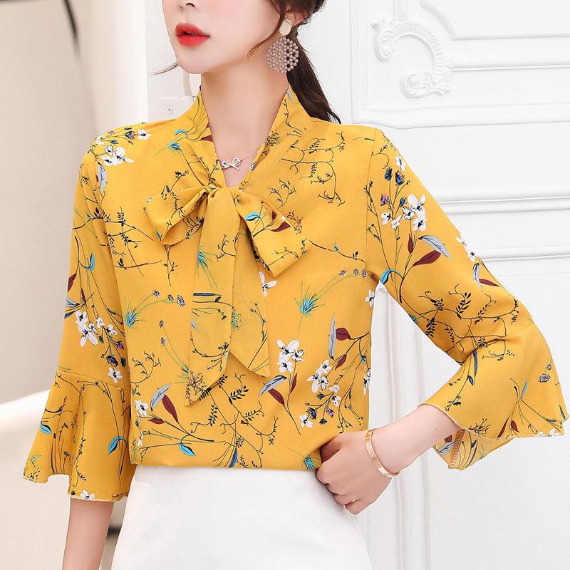 Women's Short-sleeved Chiffon Shirts Trumpet Sleeves Slimming Bottoming Shirts Bowknot Chiffon Shirts Light and Breathable Ladies