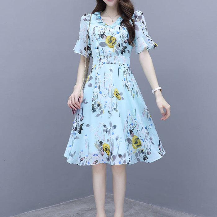 Pofulove S-2XL Women Summer High-end Floral Chiffon Dress Short-sleeved V-neck A-line Sun-dresses