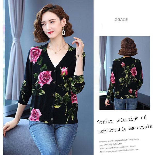 Rose Print Cardigan Women Spring Autumn Winter Loose Plus Size Sweater Coat Elegant Wool Cardigan