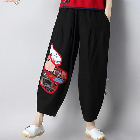 Nine-point Pants Wide-leg Pants Women Ethnic Style Printed Cotton and Linen Pants Loose Retro Thigh Pants Casual Pants