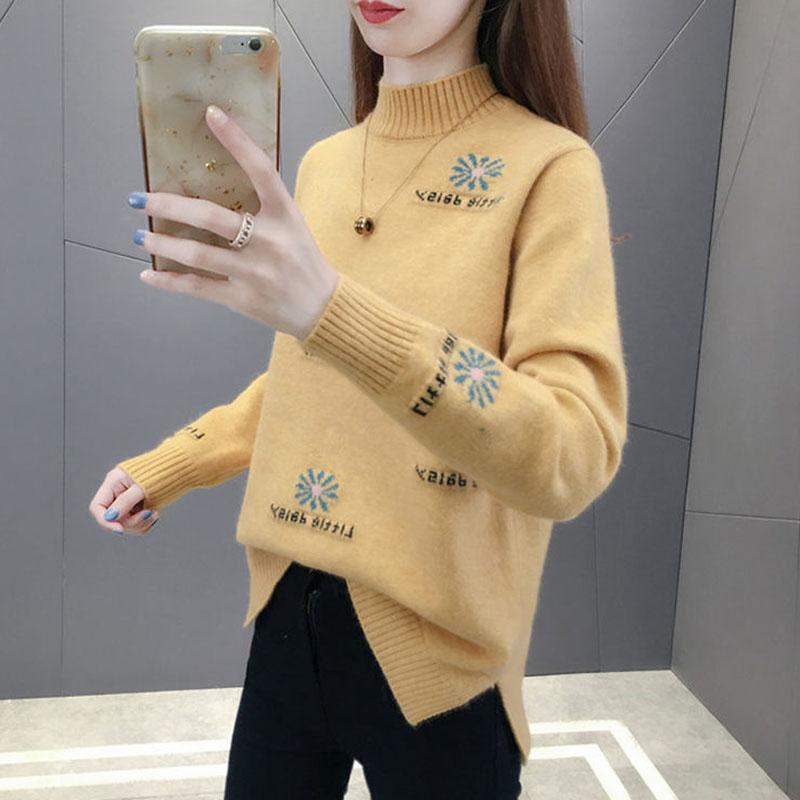 Autumn and Winter Half High Neck Pullover Sweater Loose Jacquard Simple Bottoming Shirt Thick Knitted Women Sweater