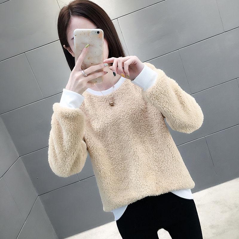 women's Winter Crew neck  yellow sweater warm long sleeve female velvet bottoming  loose Pullovers