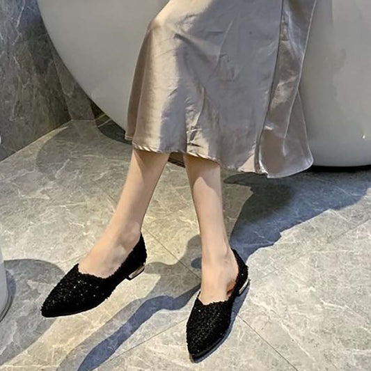 Low-heeled Shoes Spring Single Shoes Female Students Korean Version of All-match Pointed Toe Shallow Mouth Pedal Thick Heel Peas Shoes