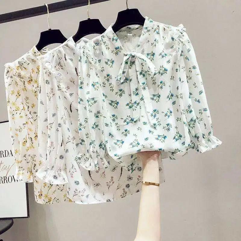 Design Niche Women's Shirts Women's Chiffon Three-quarter-sleeved Shirt Floral Shirt Temperament Elegant Bow Fabric Light and Breathable