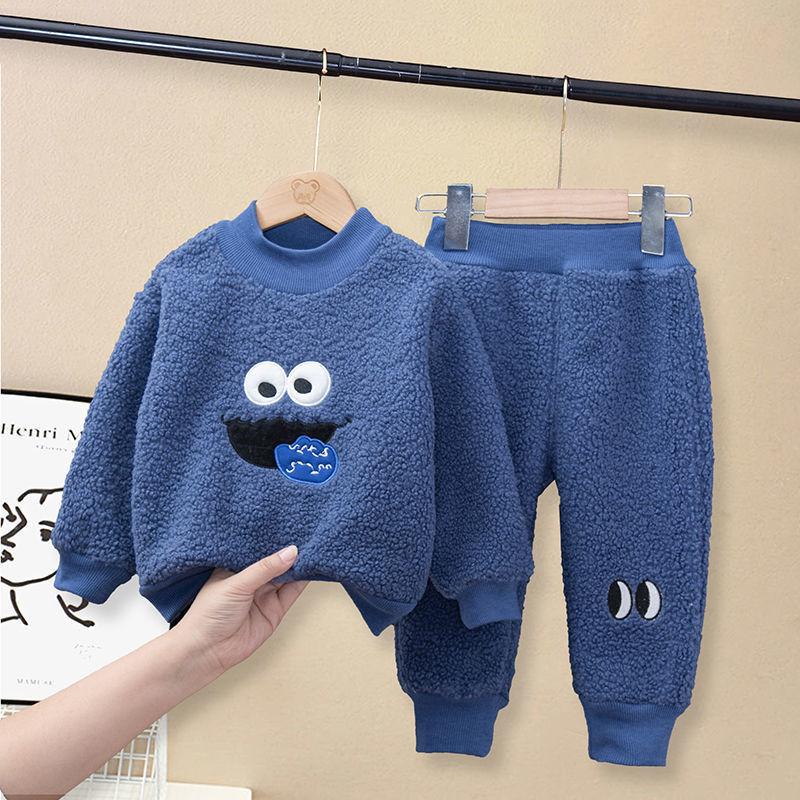 Children's Suit Autumn and Winter Boys and Girls Plus Velvet Suit Casual Two-piece Pure Color Loose Embroidery Sets